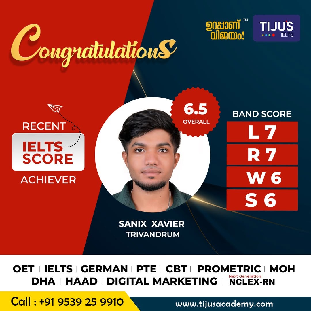 Tiju's Academy student score card — Sanix Xavier, IELTS 6.5 overall
