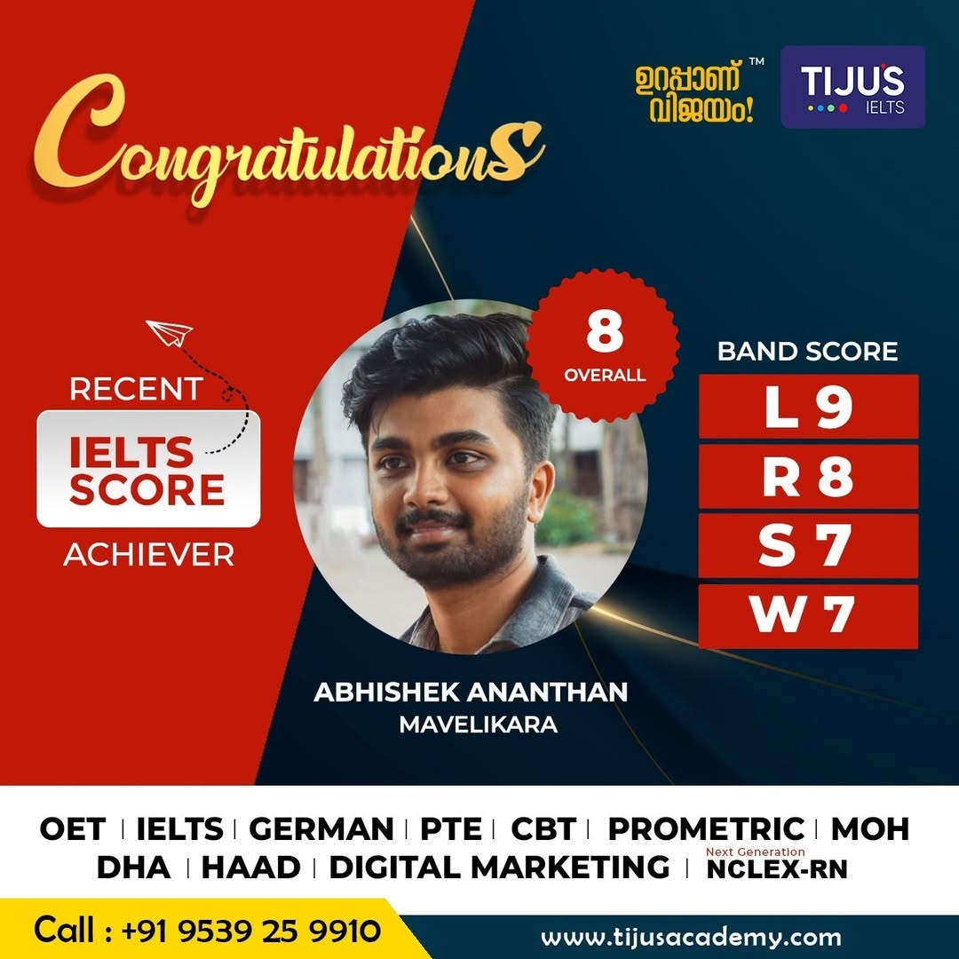 Tiju's Academy student score card — Abhishek Ananthan, IELTS 8 overall